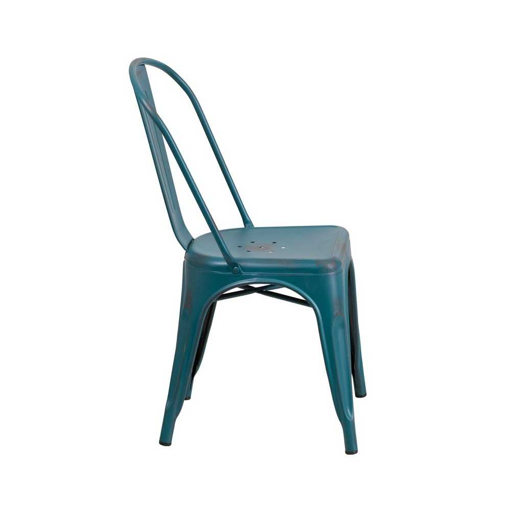 Commercial Grade Distressed Kelly Blue-Teal Metal Indoor-Outdoor Stackable Chair