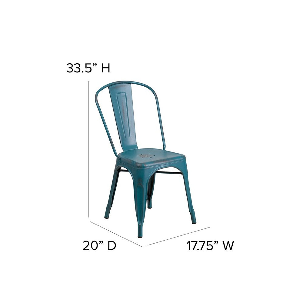 Commercial Grade Distressed Kelly Blue-Teal Metal Indoor-Outdoor Stackable Chair