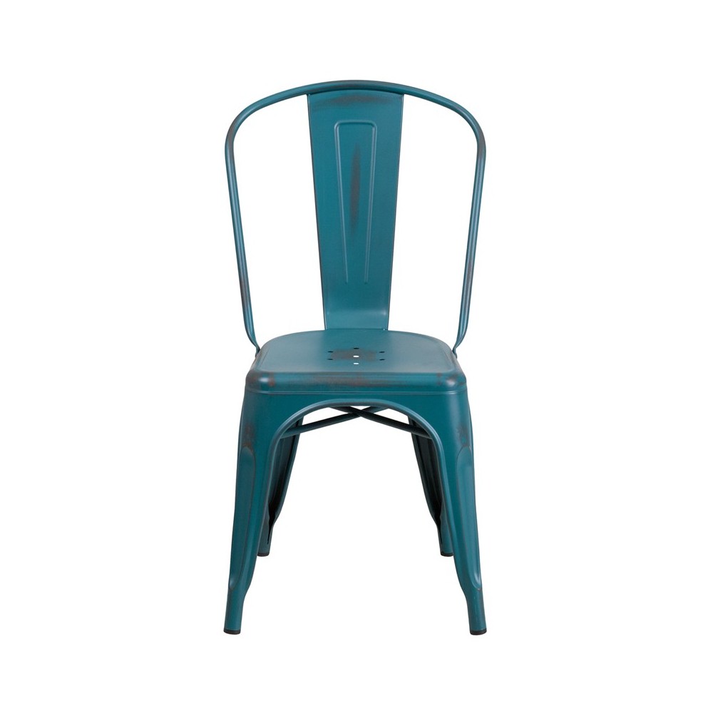 Commercial Grade Distressed Kelly Blue-Teal Metal Indoor-Outdoor Stackable Chair