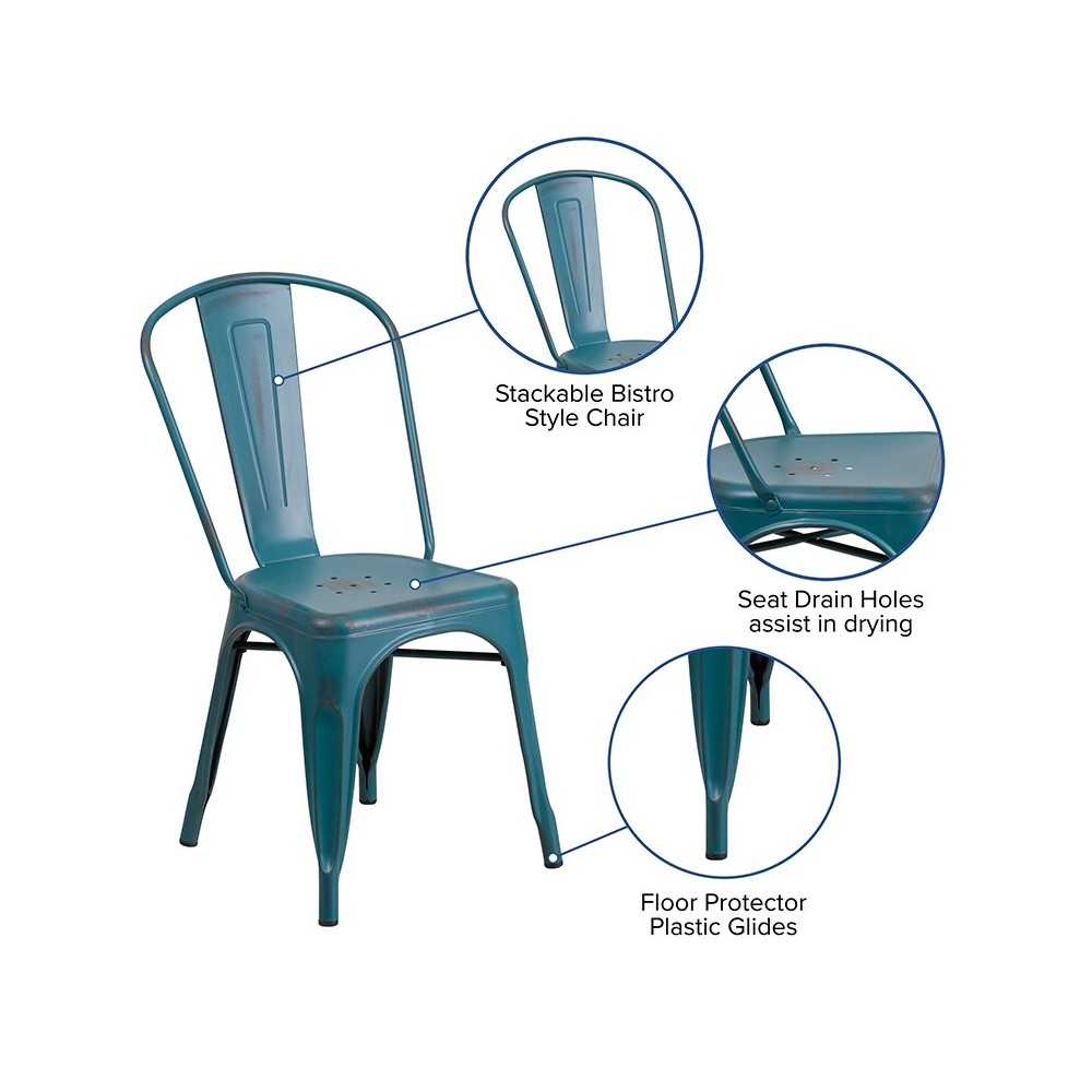 Commercial Grade Distressed Kelly Blue-Teal Metal Indoor-Outdoor Stackable Chair