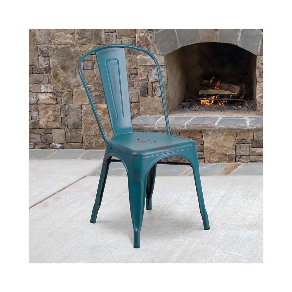 Commercial Grade Distressed Kelly Blue-Teal Metal Indoor-Outdoor Stackable Chair