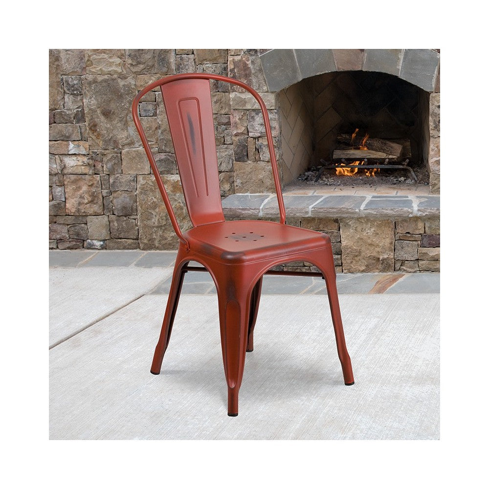 Commercial Grade Distressed Kelly Red Metal Indoor-Outdoor Stackable Chair