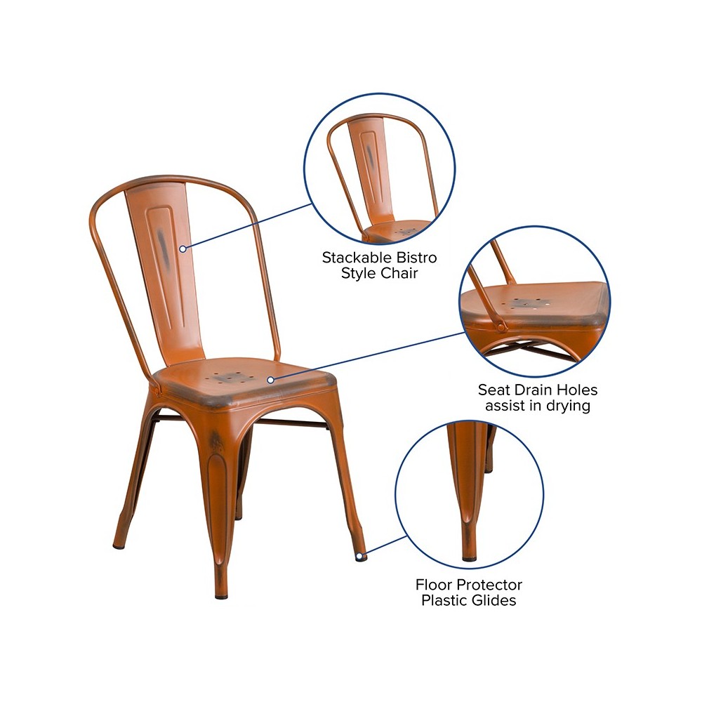 Commercial Grade Distressed Orange Metal Indoor-Outdoor Stackable Chair
