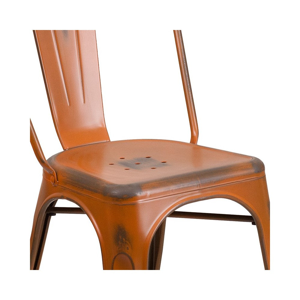 Commercial Grade Distressed Orange Metal Indoor-Outdoor Stackable Chair