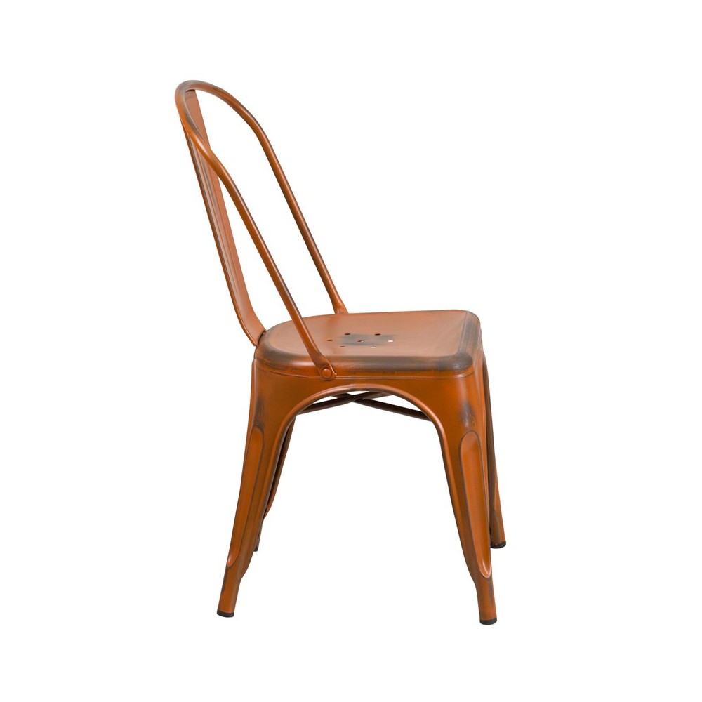 Commercial Grade Distressed Orange Metal Indoor-Outdoor Stackable Chair