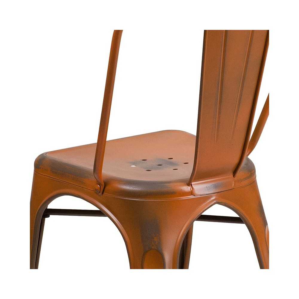 Commercial Grade Distressed Orange Metal Indoor-Outdoor Stackable Chair