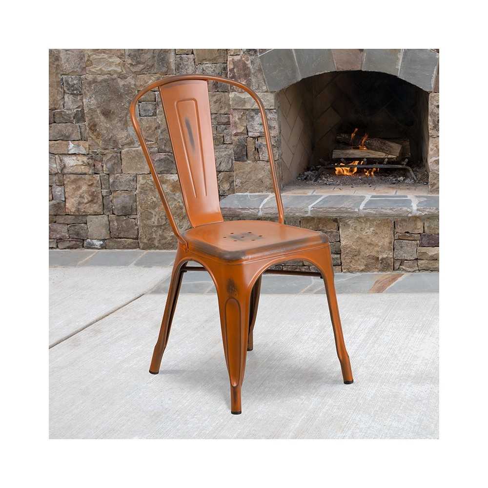 Commercial Grade Distressed Orange Metal Indoor-Outdoor Stackable Chair