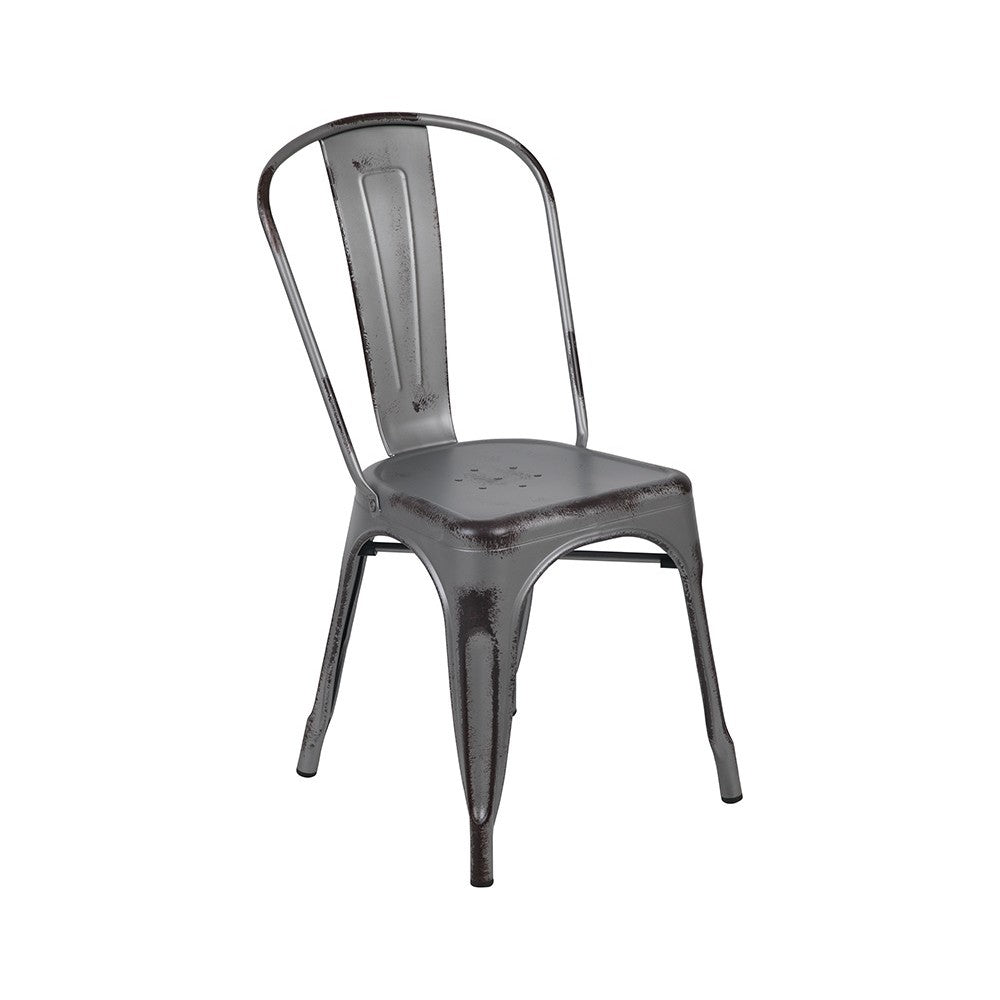 Commercial Grade Distressed Silver Gray Metal Indoor-Outdoor Stackable Chair