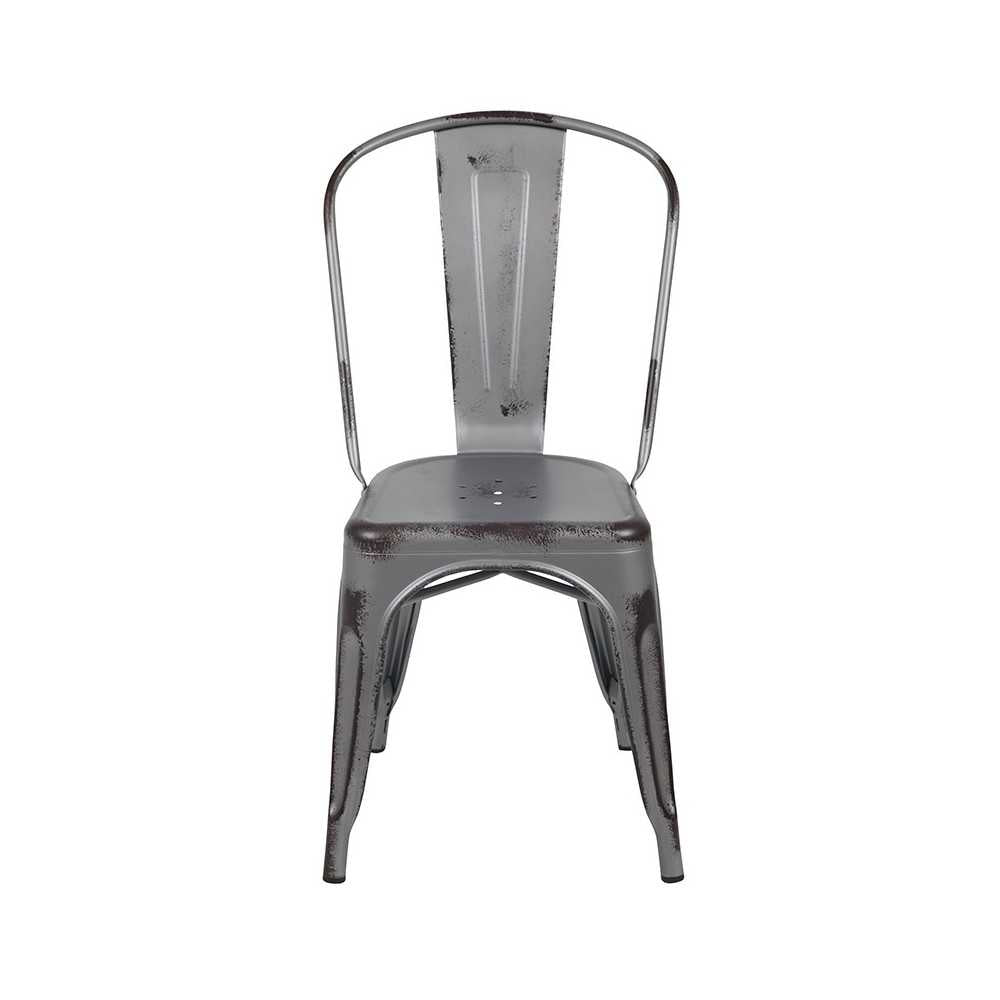Commercial Grade Distressed Silver Gray Metal Indoor-Outdoor Stackable Chair