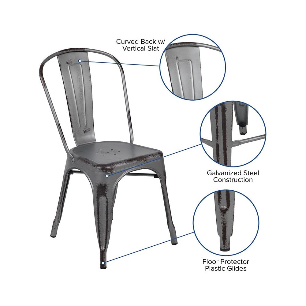 Commercial Grade Distressed Silver Gray Metal Indoor-Outdoor Stackable Chair