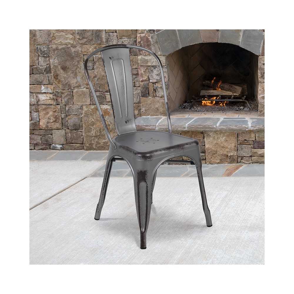Commercial Grade Distressed Silver Gray Metal Indoor-Outdoor Stackable Chair