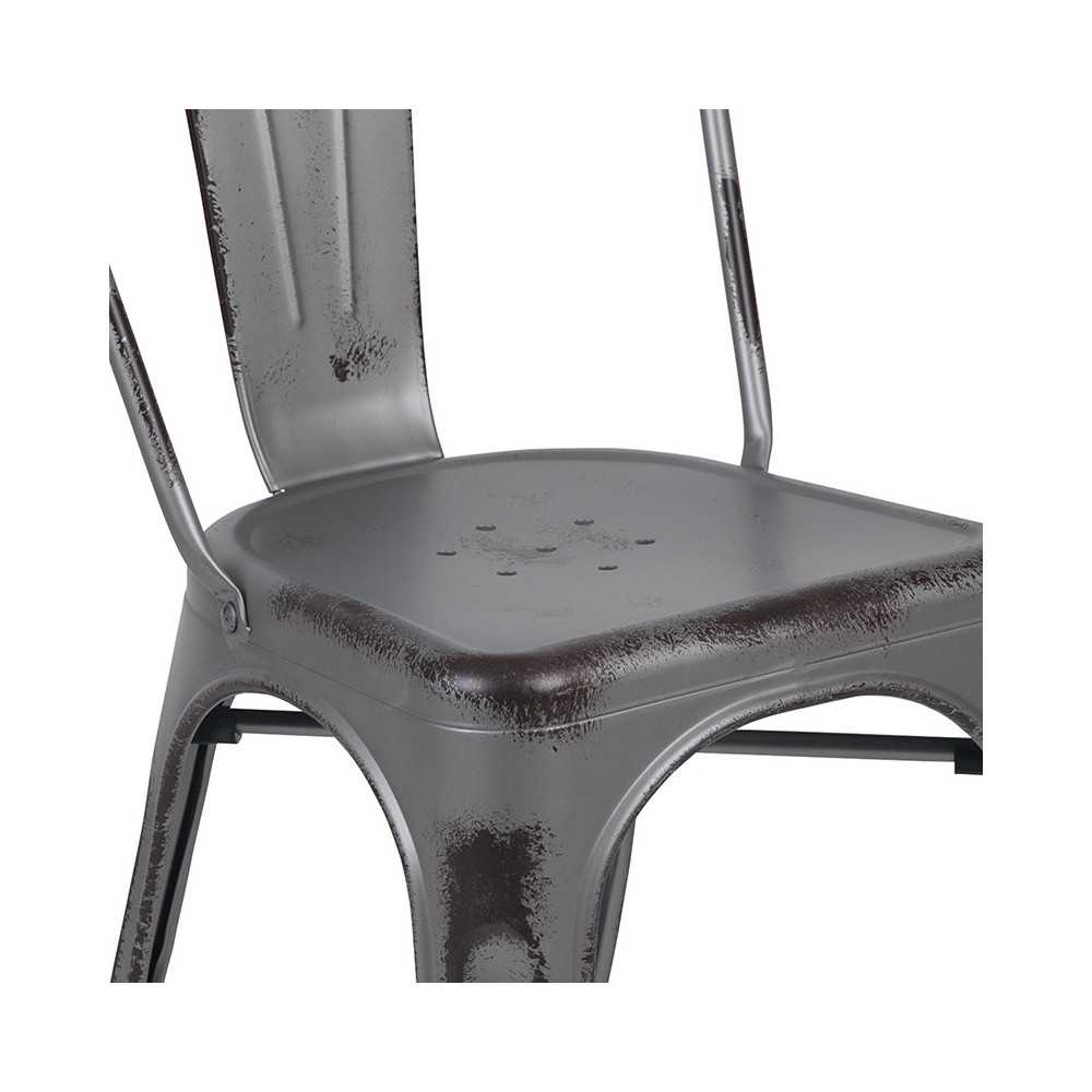 Commercial Grade Distressed Silver Gray Metal Indoor-Outdoor Stackable Chair