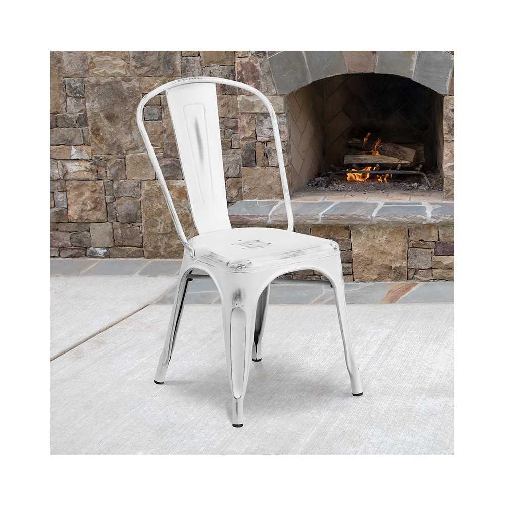 Commercial Grade Distressed White Metal Indoor-Outdoor Stackable Chair
