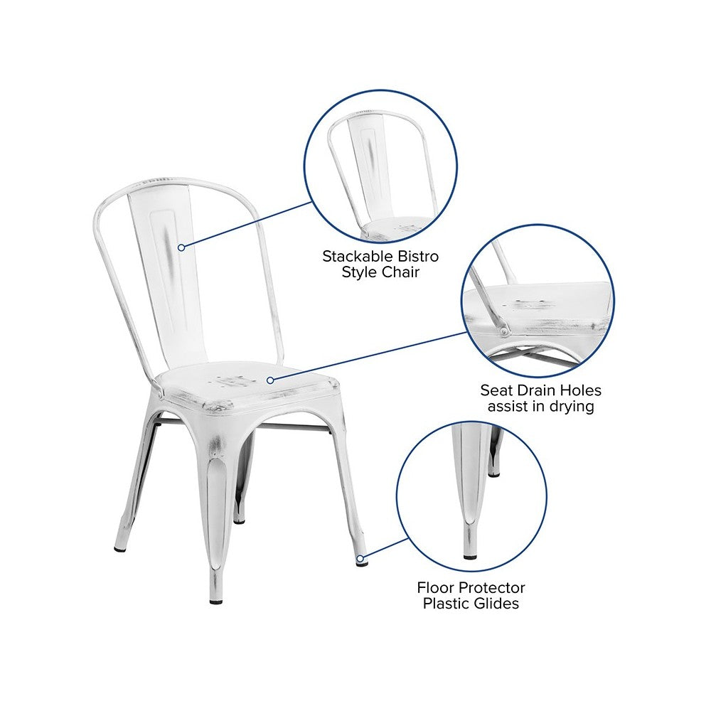 Commercial Grade Distressed White Metal Indoor-Outdoor Stackable Chair