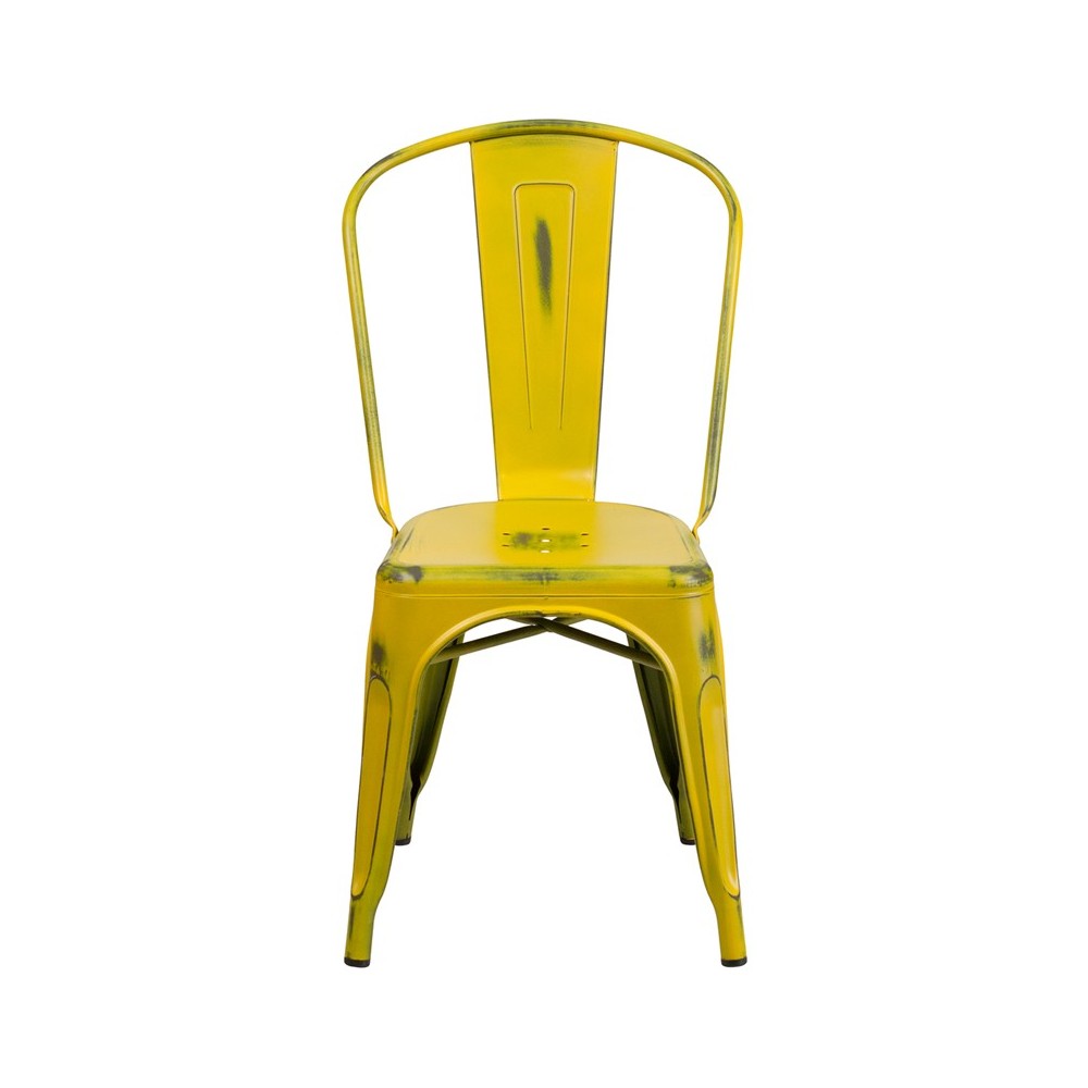 Commercial Grade Distressed Yellow Metal Indoor-Outdoor Stackable Chair