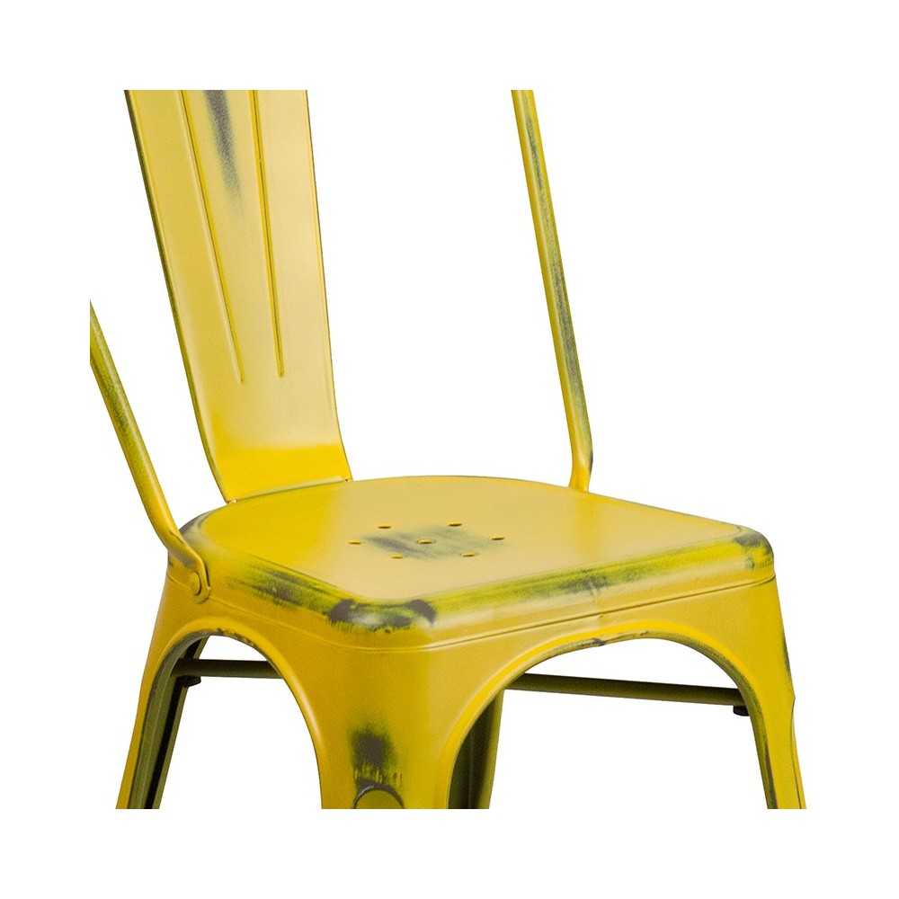 Commercial Grade Distressed Yellow Metal Indoor-Outdoor Stackable Chair