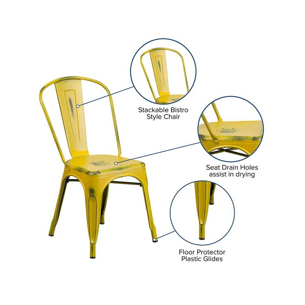 Commercial Grade Distressed Yellow Metal Indoor-Outdoor Stackable Chair
