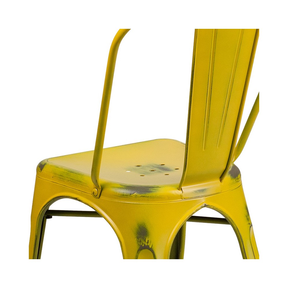 Commercial Grade Distressed Yellow Metal Indoor-Outdoor Stackable Chair