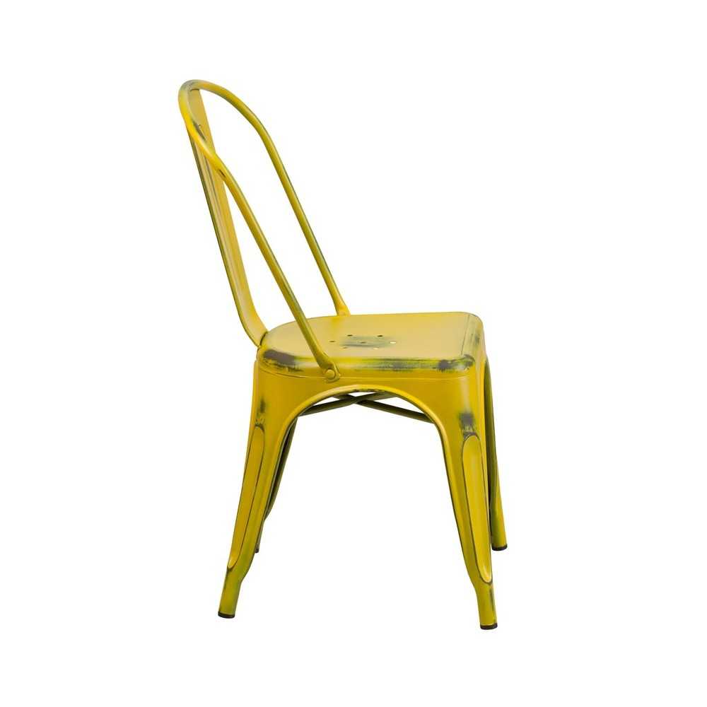 Commercial Grade Distressed Yellow Metal Indoor-Outdoor Stackable Chair