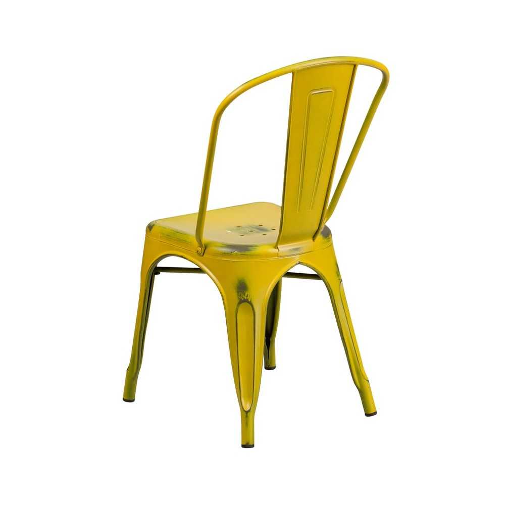 Commercial Grade Distressed Yellow Metal Indoor-Outdoor Stackable Chair