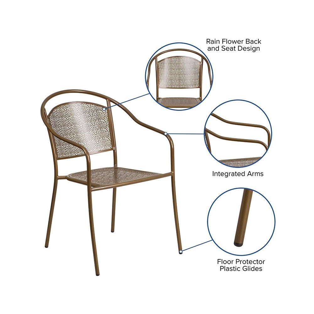 Commercial Grade Gold Indoor-Outdoor Steel Patio Arm Chair with Round Back