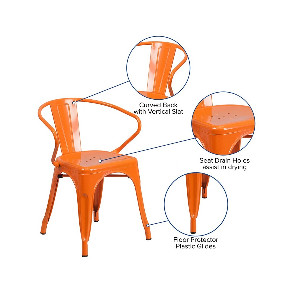 Commercial Grade Orange Metal Indoor-Outdoor Chair with Arms