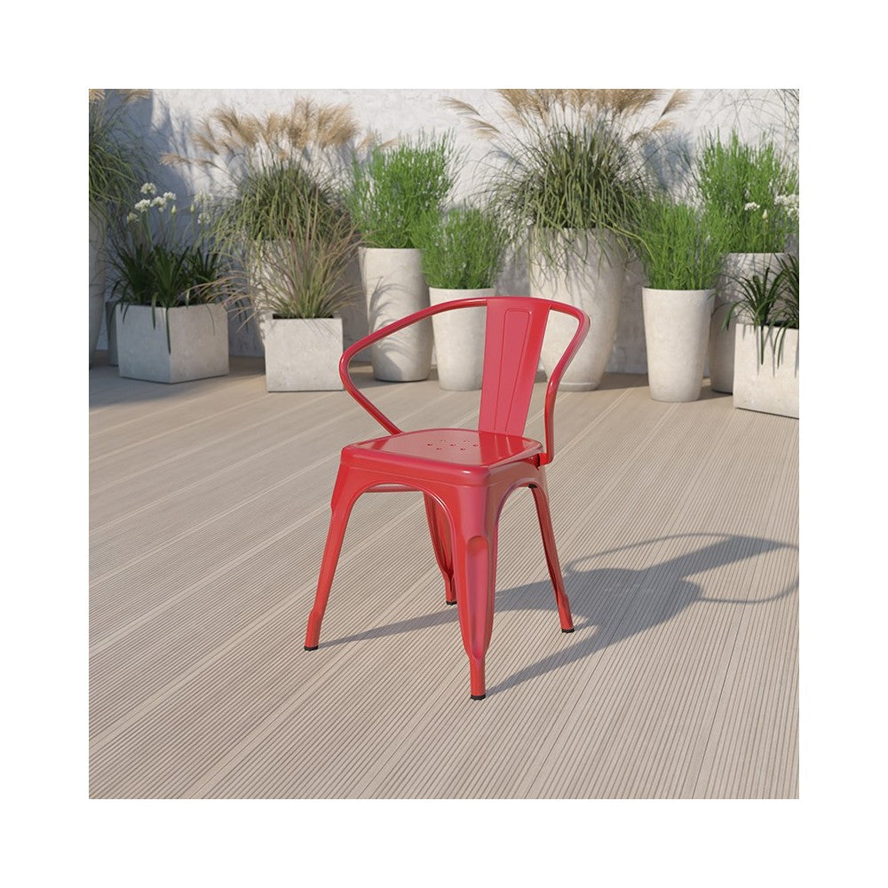 Commercial Grade Red Metal Indoor-Outdoor Chair with Arms