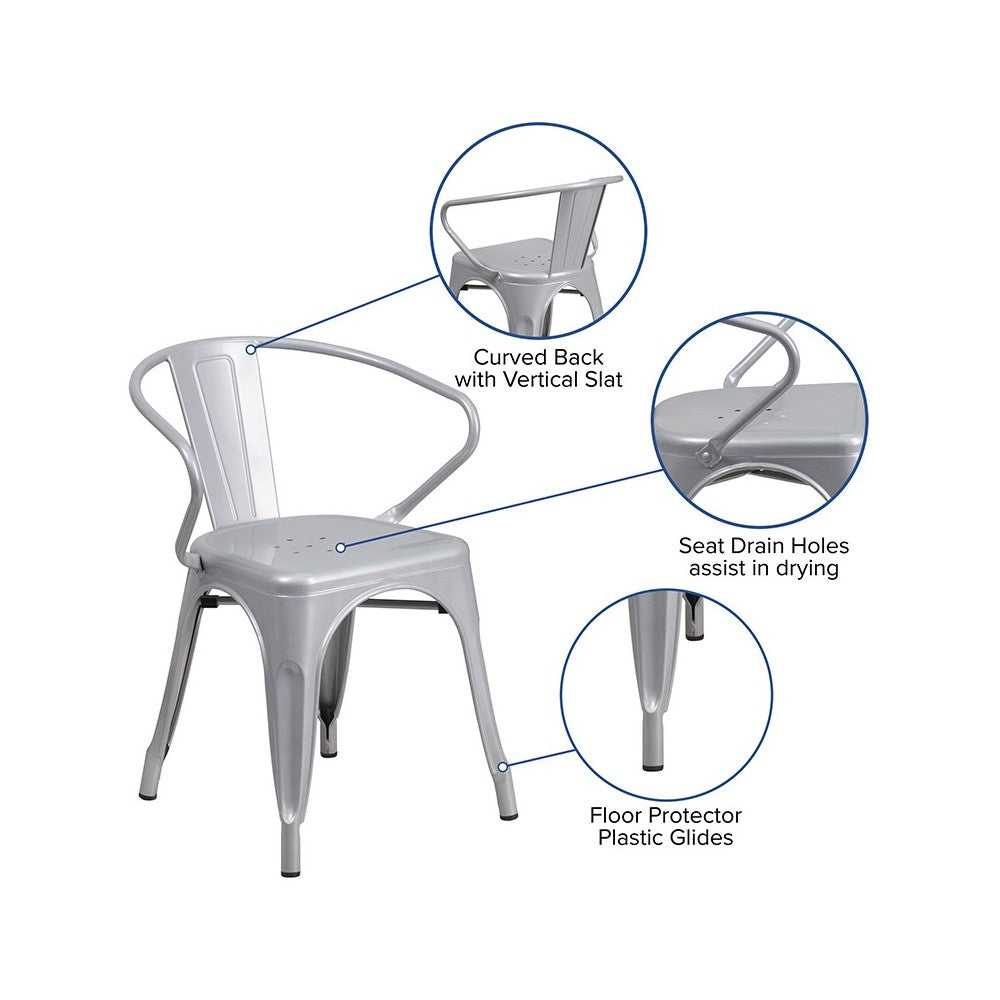 Commercial Grade Silver Metal Indoor-Outdoor Chair with Arms
