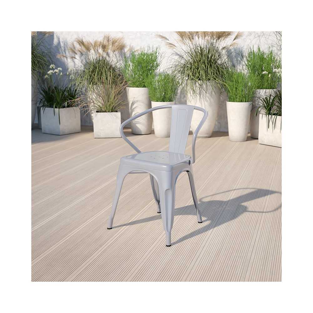 Commercial Grade Silver Metal Indoor-Outdoor Chair with Arms
