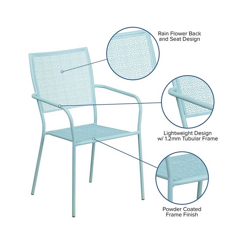 Commercial Grade Sky Blue Indoor-Outdoor Steel Patio Arm Chair with Square Back