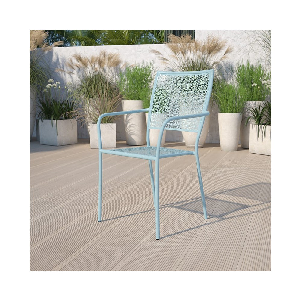 Commercial Grade Sky Blue Indoor-Outdoor Steel Patio Arm Chair with Square Back
