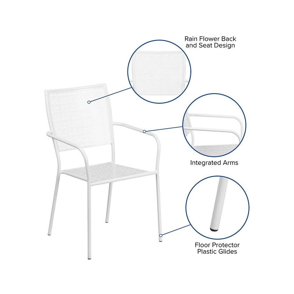 Commercial Grade White Indoor-Outdoor Steel Patio Arm Chair with Square Back