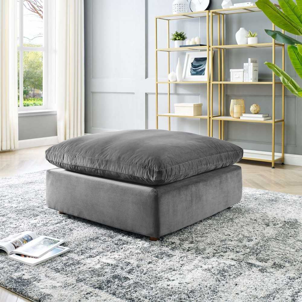 Commix Down Filled Overstuffed Performance Velvet Ottoman, Gray