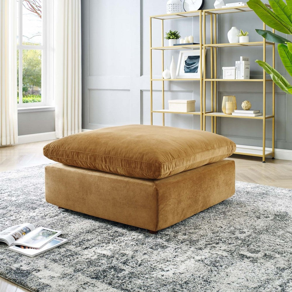 Commix Down Filled Overstuffed Performance Velvet Ottoman, Cognac