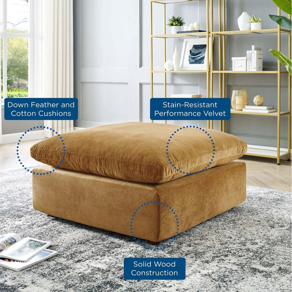 Commix Down Filled Overstuffed Performance Velvet Ottoman, Cognac