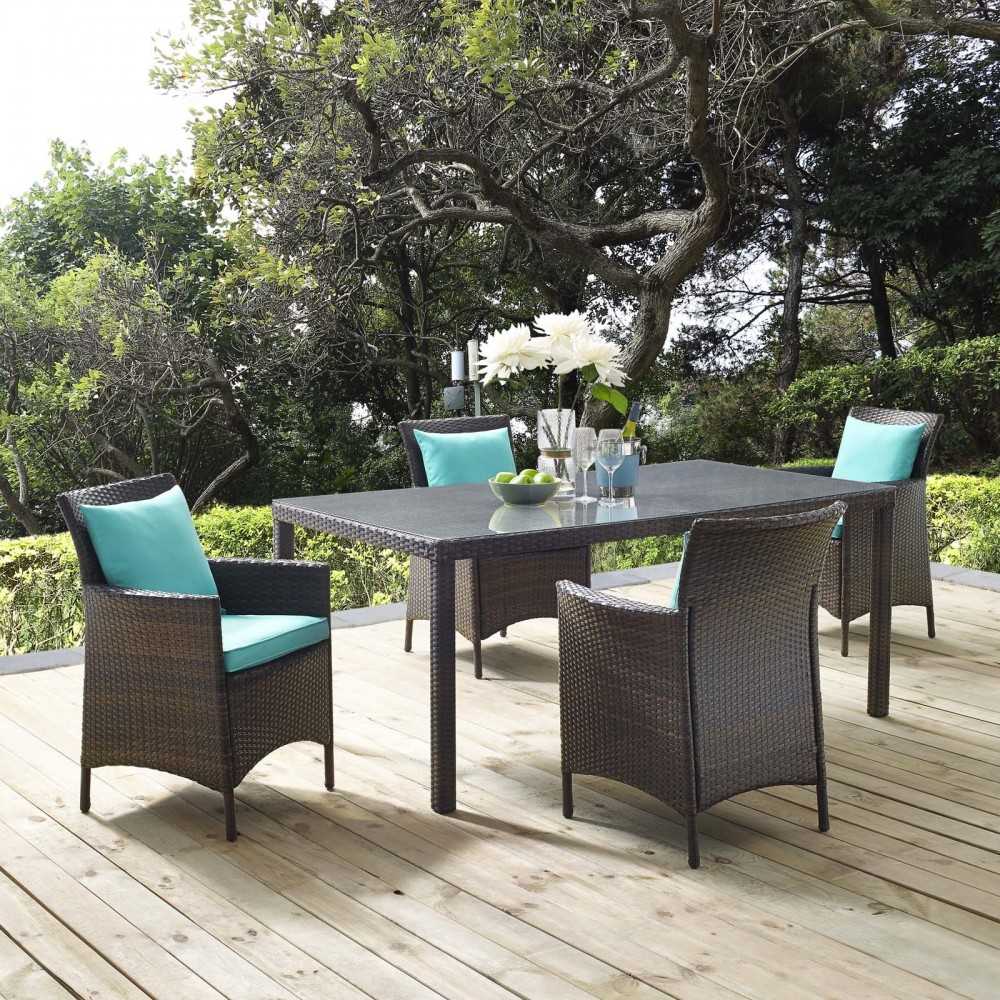 Conduit 5 Piece Outdoor Patio Wicker Rattan Set, Brown Turquoise, EEI-3892-BRN-TRQ-SET