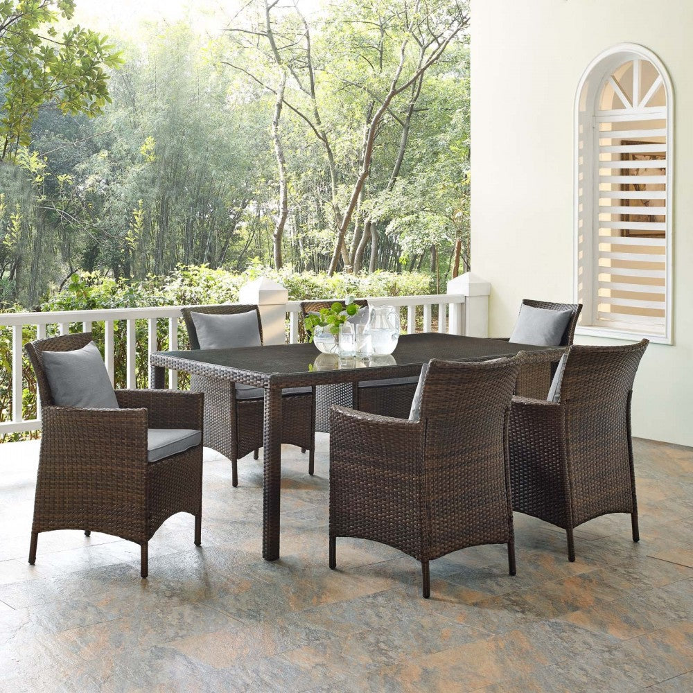 Conduit 7 Piece Outdoor Patio Wicker Rattan Dining Set, Brown Gray