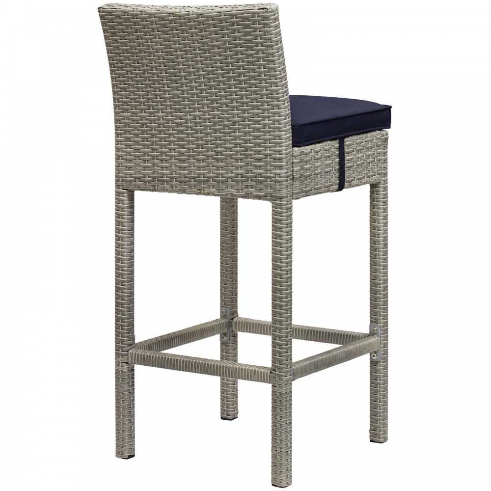 Conduit Bar Stool Outdoor Patio Wicker Rattan Set of 4, Light Gray Navy