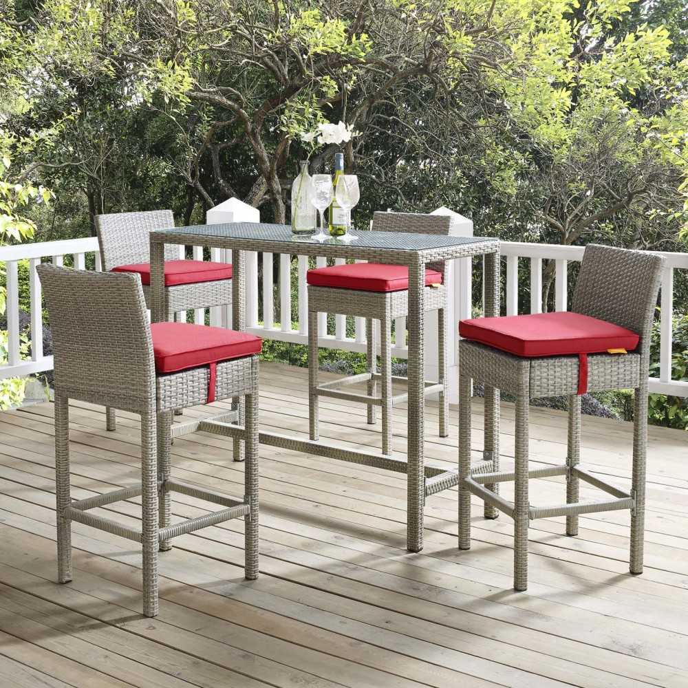 Conduit Bar Stool Outdoor Patio Wicker Rattan Set of 4, Light Gray Red