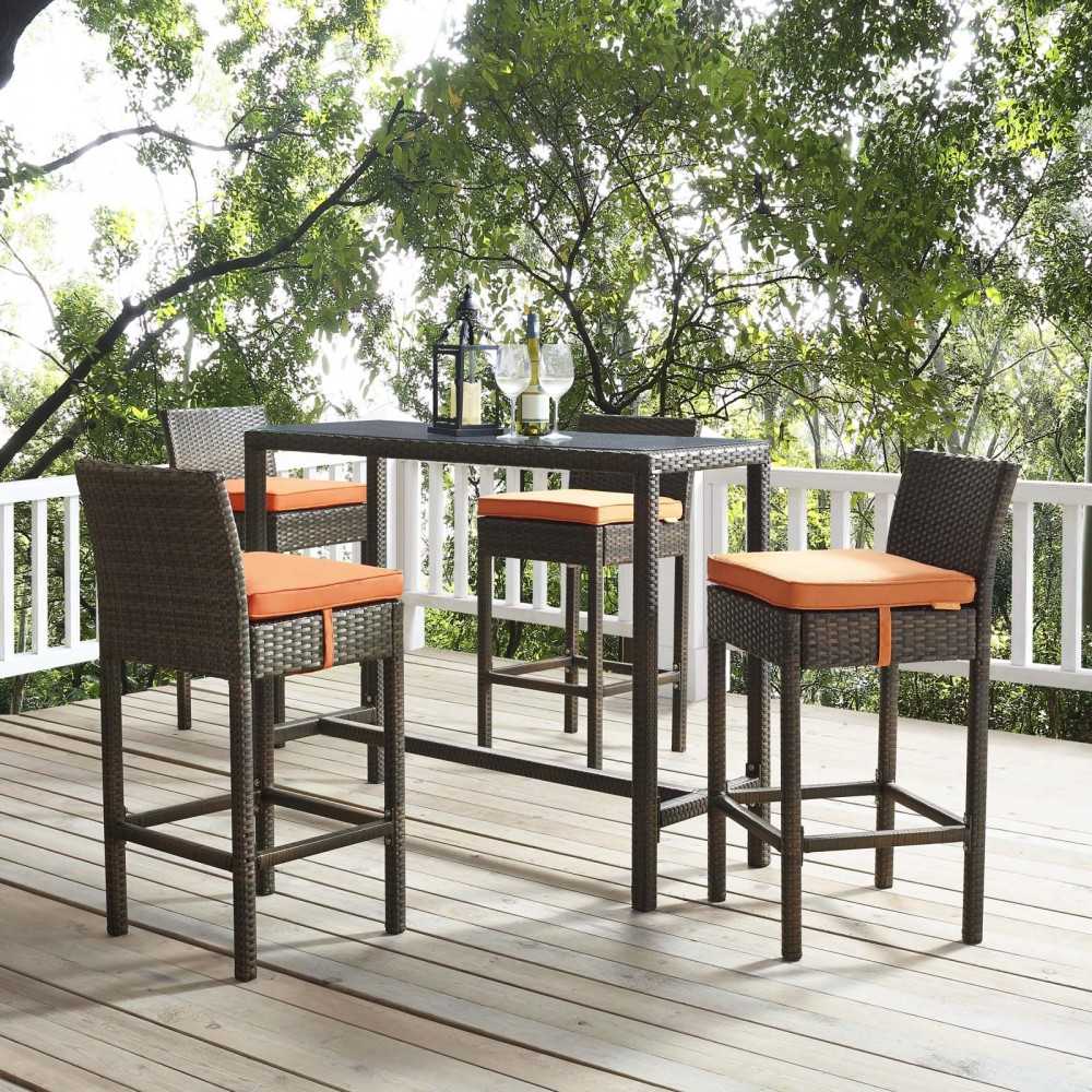 Conduit Bar Stool Outdoor Patio Wicker Rattan Set of 4, Brown Orange