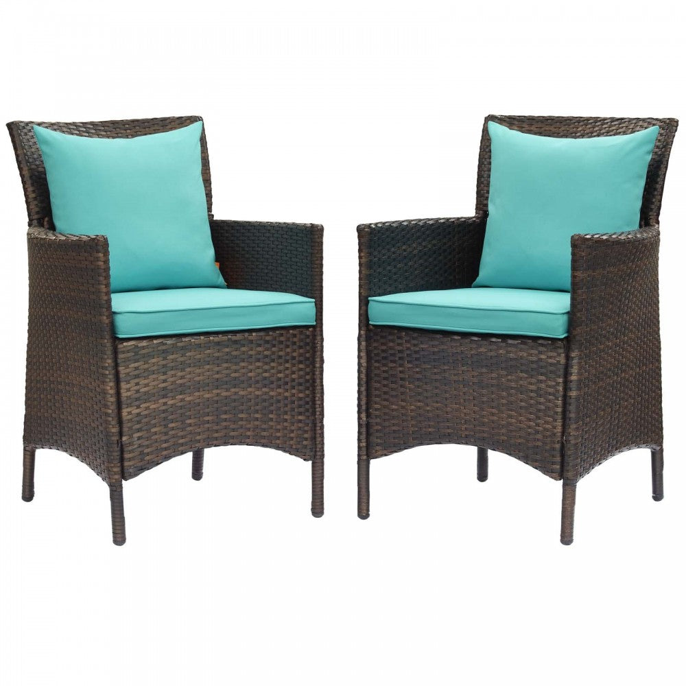 Conduit Outdoor Patio Wicker Rattan Dining Armchair Set of 2, Brown Turquoise