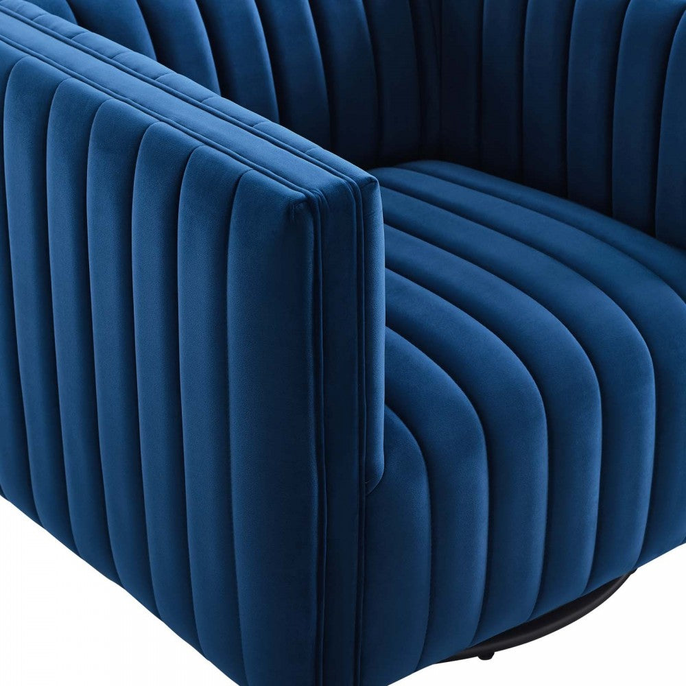Conjure Channel Tufted Performance Velvet Swivel Armchair, Navy