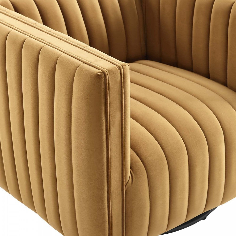 Conjure Channel Tufted Performance Velvet Swivel Armchair, Cognac