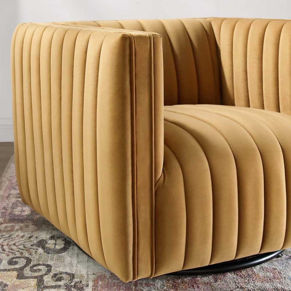 Conjure Channel Tufted Performance Velvet Swivel Armchair, Cognac