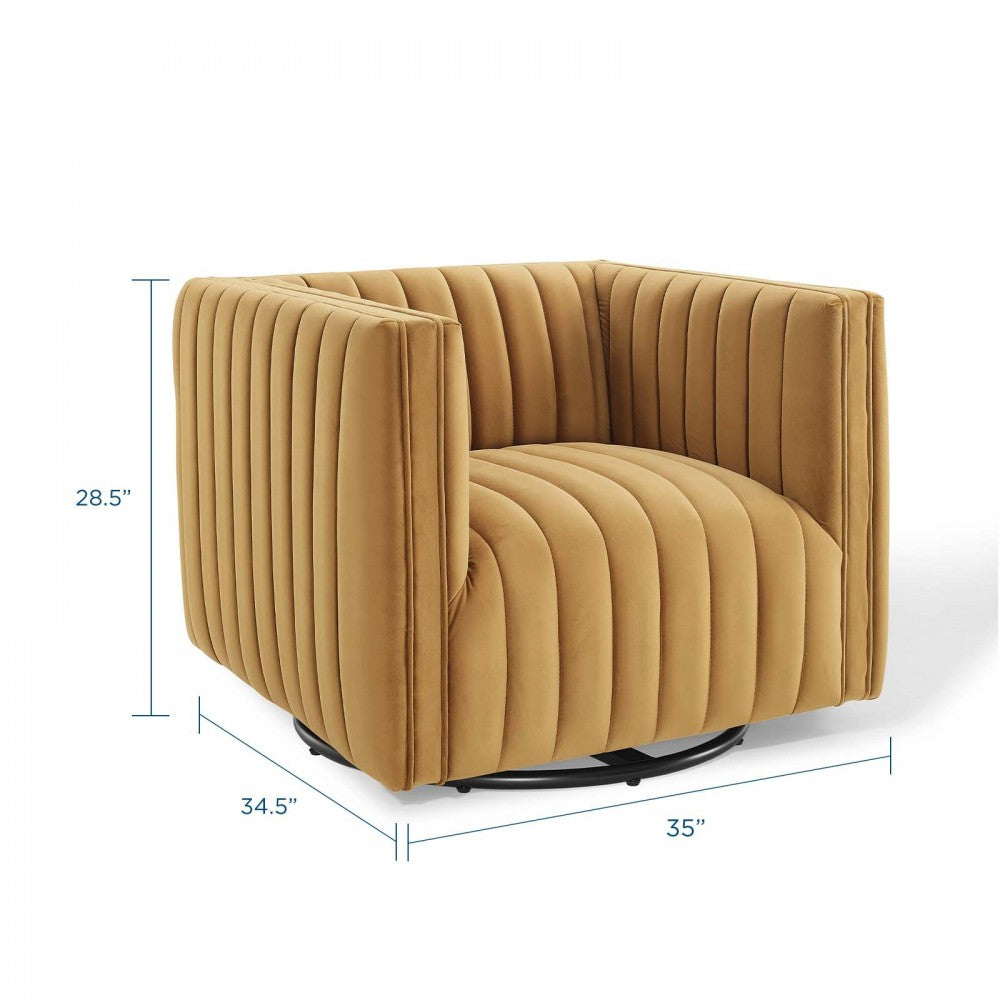 Conjure Channel Tufted Performance Velvet Swivel Armchair, Cognac