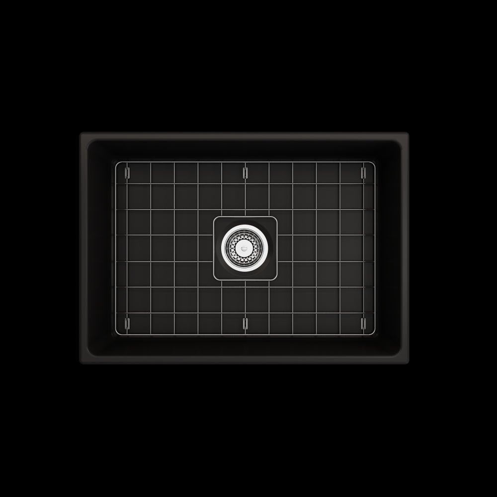 Contempo Apron Front Fireclay 27 in. Single Bowl Kitchen Sink with Protective Bottom Grid and Strainer in Matte Black