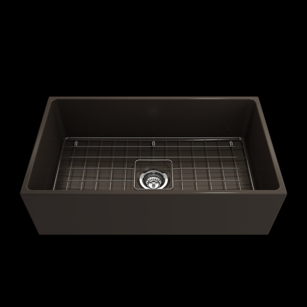 Contempo Apron Front Fireclay 33 in. Single Bowl Kitchen Sink with Protective Bottom Grid and Strainer in Matte Brown