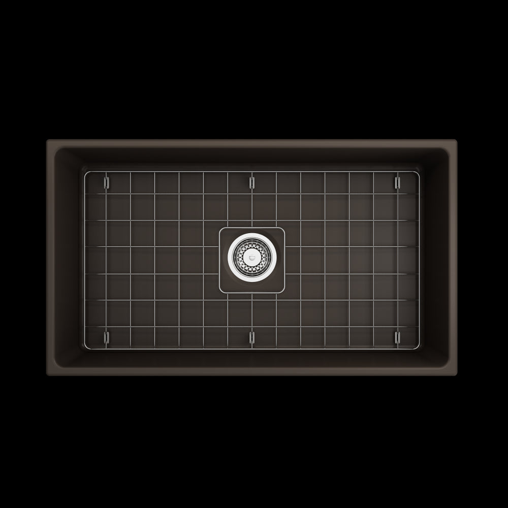 Contempo Apron Front Fireclay 33 in. Single Bowl Kitchen Sink with Protective Bottom Grid and Strainer in Matte Brown