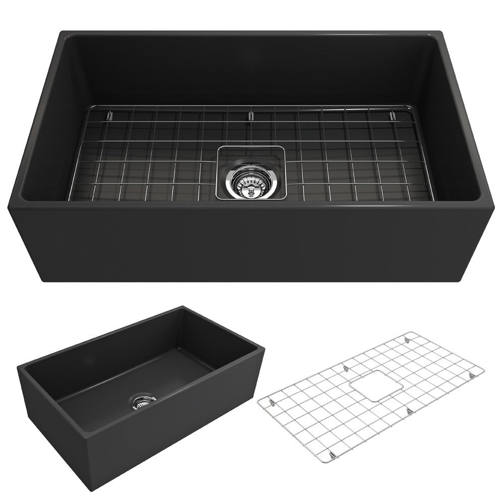 Contempo Apron Front Fireclay 33 in. Single Bowl Kitchen Sink with Protective Bottom Grid and Strainer in Matte Dark Gray