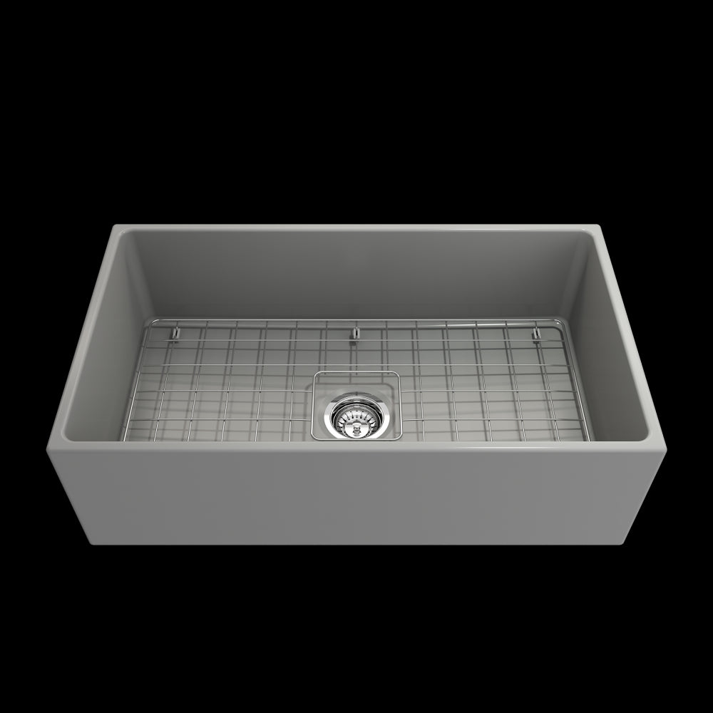Contempo Apron Front Fireclay 33 in. Single Bowl Kitchen Sink with Protective Bottom Grid and Strainer in Matte Gray